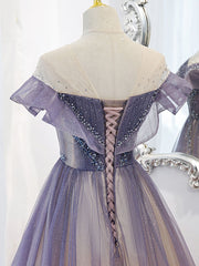 Silk Wedding Dress, Purple Off Shoulder Tulle Sequin Long Prom Dress, Purple Evening Dress