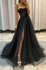 Prom Dress Prom Dresses, Black A Line Spaghetti Straps Prom Dresses with Slit, Sparkly Evening Gown