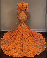 Evening Dresses Off The Shoulder, Hot Orange High neck Long Sleeves Mermaid Sequin Prom Dresses