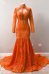 Evening Dresses Long Sleeve, Hot Orange High neck Long Sleeves Mermaid Sequin Prom Dresses