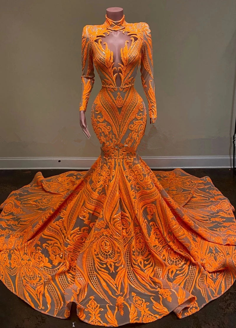 Evening Dresses Midi, Hot Orange High neck Long Sleeves Mermaid Sequin Prom Dresses
