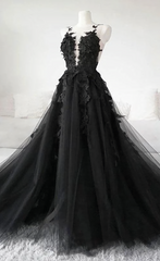 Stylish Outfit, Black Tulle Lace Long Prom Dress, Black Lace Evening Dress, 2303