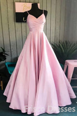 Homecoming Dress Short, V-neck A-line Pink Spaghetti Straps Rushed Satin Long Prom Dresses