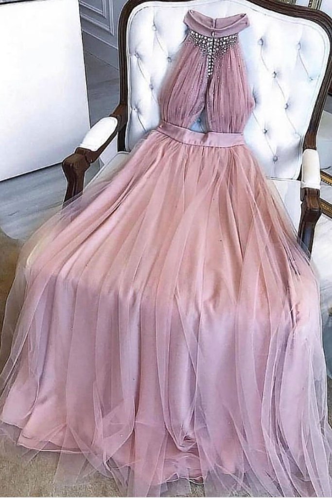 Homecoming Dresses Cute, A-line Dusty Pink Prom Dresses Long Beading Formal Dresses