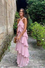 Prom Dresses Affordable, A Line Straps Tiered Chiffon Floor Length Long Prom Dress Pink Bridesmaid Dress