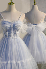 Prom Dress Shiny, Sky Blue Sweetheart Bow-Back Short Homecoming Dress