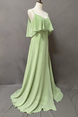 Formal Dress Suits For Ladies, Ruffles Sage Green Straps A-Line Long Bridesmaid Dress with Slit