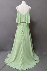 Formal Dress For Beach Wedding, Ruffles Sage Green Straps A-Line Long Bridesmaid Dress with Slit