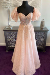 Prom Dress Online, Pink Tulle Sweetheart A-Line Prom Dress with Puff Sleeves