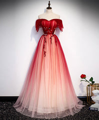 Formal Dresses Outfit, Burgundy Off Shoulder Tulle Long Prom Dress, Burgundy Formal Dress, 1