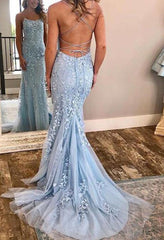 Prom Dress Prom Dresses, Chic Trumpet Spaghetti Straps With Lace Appliques Light Blue Prom Dresses