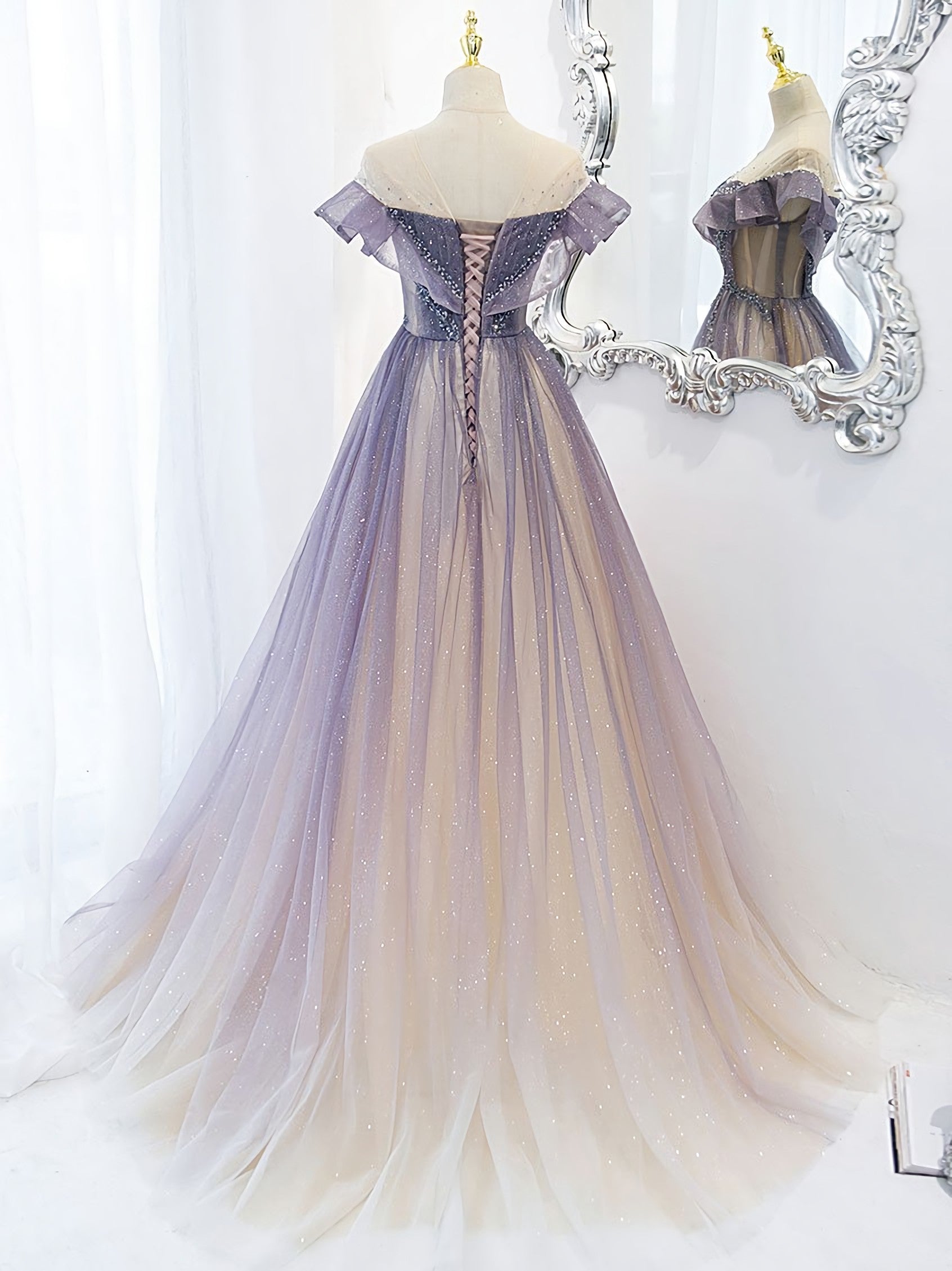 Winter Formal, Purple Off Shoulder Tulle Sequin Long Prom Dress, Purple Evening Dress