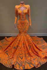 Evening Dresses For Wedding Guest, Hot Orange High neck Long Sleeves Mermaid Sequin Prom Dresses