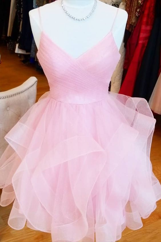 Evening Dresses Gown, short pink a line homecoming dress birthday dress with ruffled skirt