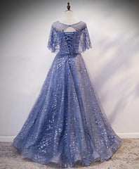 Engagement Photo, Unique Round Neck Tulle Lace Long Prom Dress, Blue Lace Evening Dress