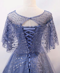Bridesmaid Dress Black, Unique Round Neck Tulle Lace Long Prom Dress, Blue Lace Evening Dress
