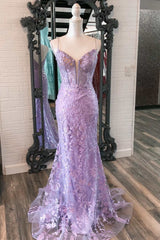 Party Dresses Prom, Lavender Floral Appliques Split Neck Mermaid Long Prom Dress