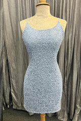 Summer Wedding Color, Light Blue Lace-Up Sequins Sheath Homecoming Dress