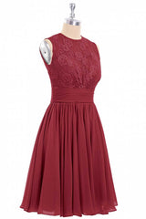 Prom Dress Unique, Burgundy Lace Sleeveless Backless A-Line Short Bridesmaid Dress