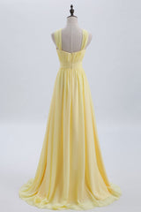 Homecoming Dress Shop, Cross Front Yellow Pleated Chiffon Long Bridesmaid Dress