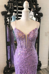 Party Dresse Idea, Lavender Floral Appliques Split Neck Mermaid Long Prom Dress