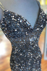 Prom Dresses With Slits, Black Sequins V-Neck Backless Short Party Dress