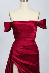 Homecomming Dresses Short, Red Satin Off-the-Shoulder Mermaid Long Prom Dress with Slit