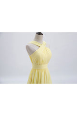 Homecoming Dresses Shop, Cross Front Yellow Pleated Chiffon Long Bridesmaid Dress