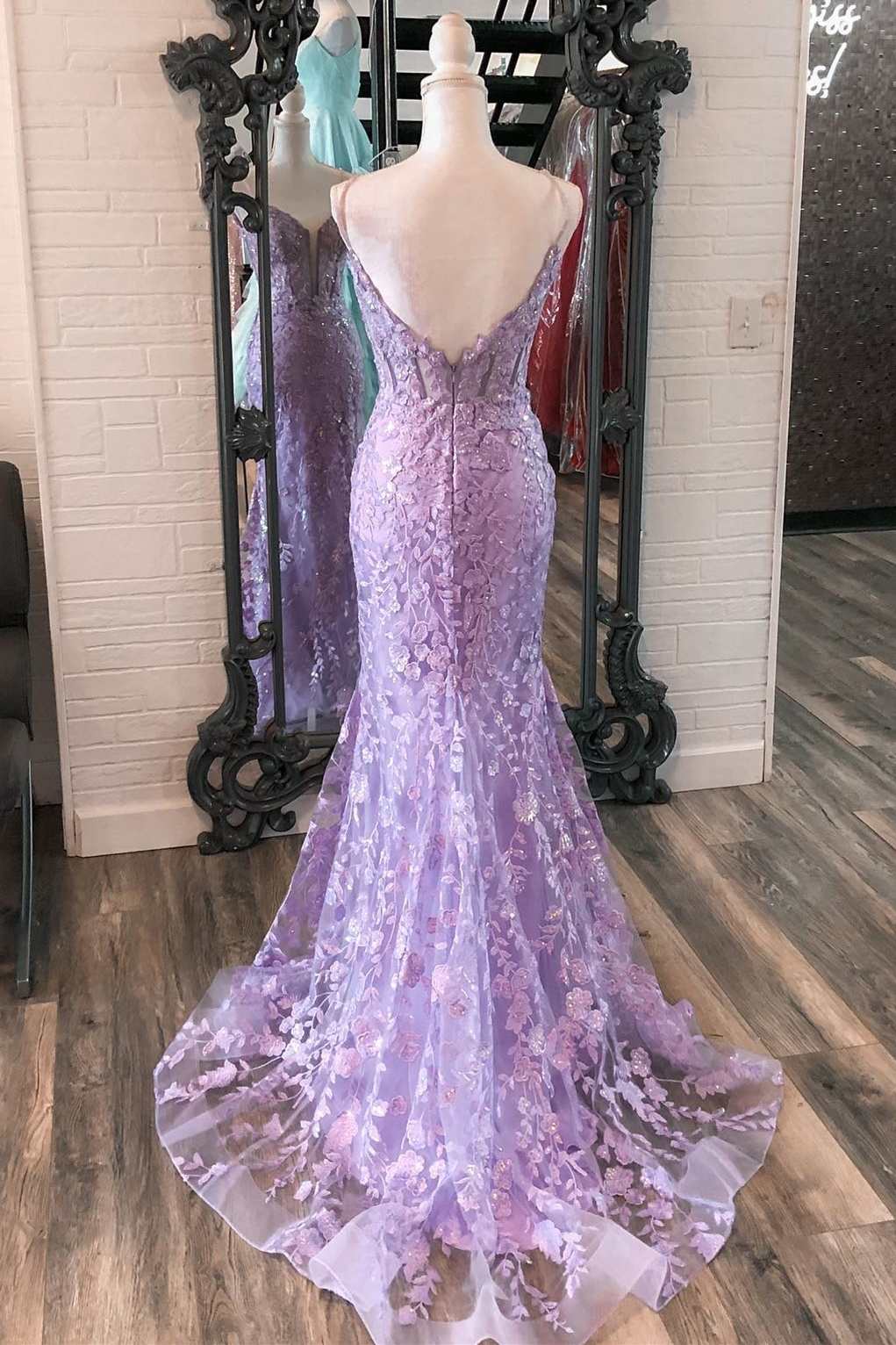 Party Dresses Idea, Lavender Floral Appliques Split Neck Mermaid Long Prom Dress