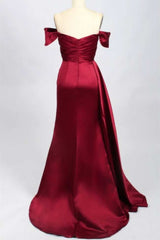 Homecoming Dress Long, Red Satin Off-the-Shoulder Mermaid Long Prom Dress with Slit
