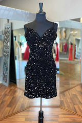 Prom Dress Long Ball Gown, Black Sequins V-Neck Backless Short Party Dress