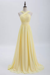 Homecoming Dress Shopping, Cross Front Yellow Pleated Chiffon Long Bridesmaid Dress