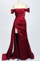 Homecoming Dresses Elegant, Red Satin Off-the-Shoulder Mermaid Long Prom Dress with Slit