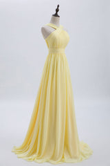 Homecoming Dresses Aesthetic, Cross Front Yellow Pleated Chiffon Long Bridesmaid Dress