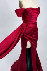 Homecomeing Dresses Long, Red Satin Off-the-Shoulder Mermaid Long Prom Dress with Slit
