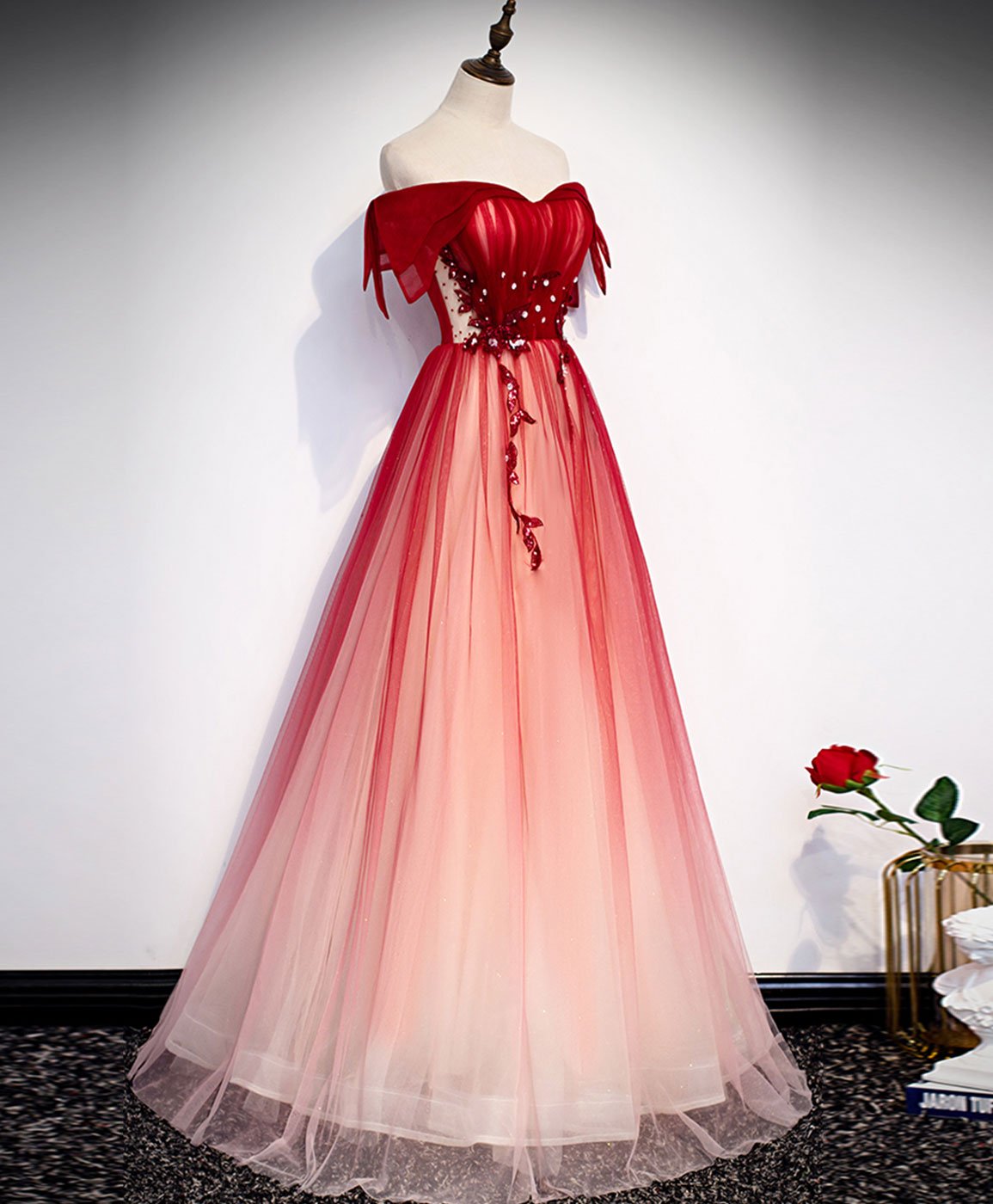 Formal Dress Outfit, Burgundy Off Shoulder Tulle Long Prom Dress, Burgundy Formal Dress, 1