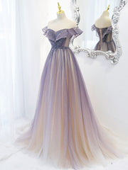 Mermaid Dress, Purple Off Shoulder Tulle Sequin Long Prom Dress, Purple Evening Dress