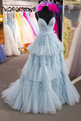 Homecoming Dresses Ideas, Elegant Light Blue Side Slit Tulle Long Prom Dress