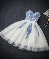Elegant Dress Classy, Cute Blue Sweetheart Neck Tulle Lace Short Prom Dress, Blue Homecoming Dress
