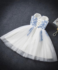 Dinner Outfit, Cute Blue Sweetheart Neck Tulle Lace Short Prom Dress, Blue Homecoming Dress
