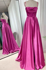 Prom Dresses Blue Lace, Barbie Pink Cowl Neck Lace-Up A-Line Prom Dress
