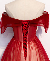 Formal Dressing Style, Burgundy Off Shoulder Tulle Long Prom Dress, Burgundy Formal Dress, 1