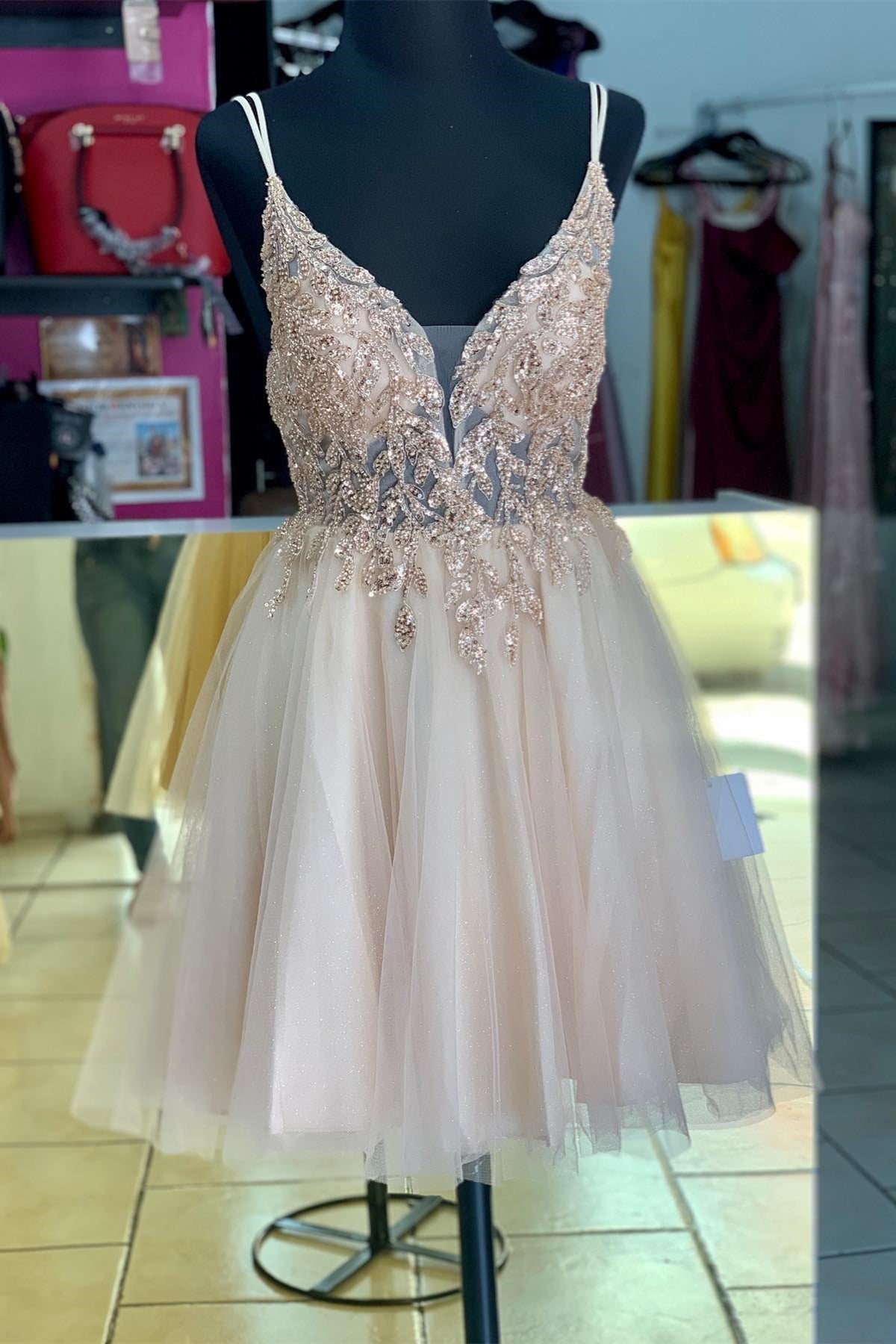 Evening Dress Classy, Rose Gold Straps Deep V Neck Appliques Tulle Homecoming Dress