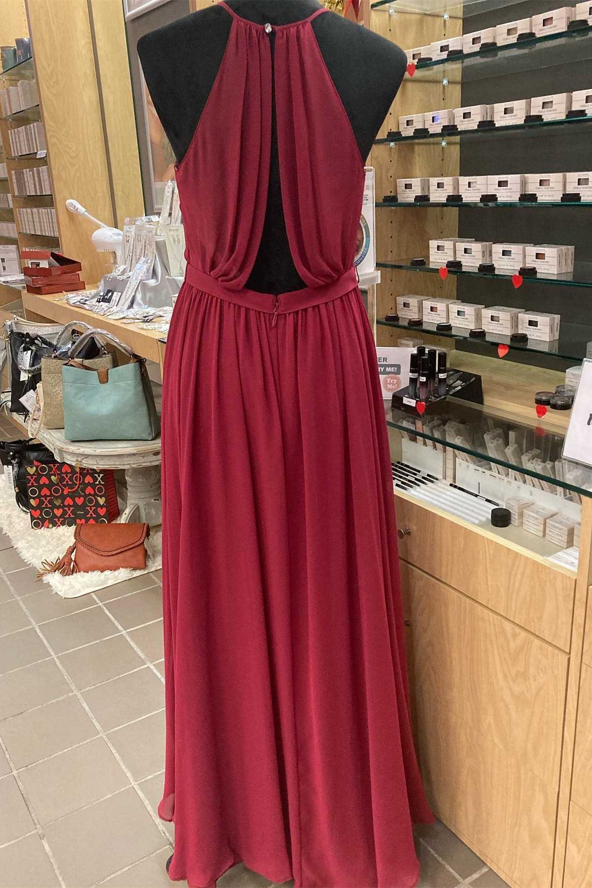 Homecomming Dresses Lace, Red Chiffon Halter Backless A-Line Long Bridesmaid Dress