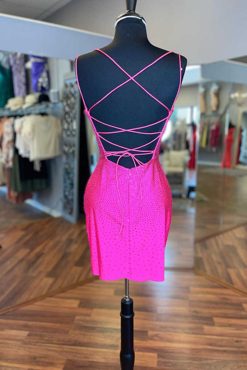 Party Dress Short Tight, Hot Pink Beaded Lace-Up Bodycon Mini Homecoming Dress