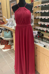 Homecoming Dress Lace, Red Chiffon Halter Backless A-Line Long Bridesmaid Dress