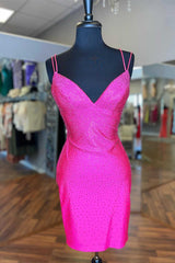 Dinner Outfit, Hot Pink Beaded Lace-Up Bodycon Mini Homecoming Dress