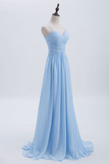 Prom Dress Prom Dresses, Blue Pleated Straps Chiffon Long Bridesmaid Dress