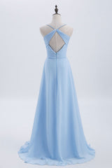 Prom Dress Near Me, Blue Pleated Straps Chiffon Long Bridesmaid Dress