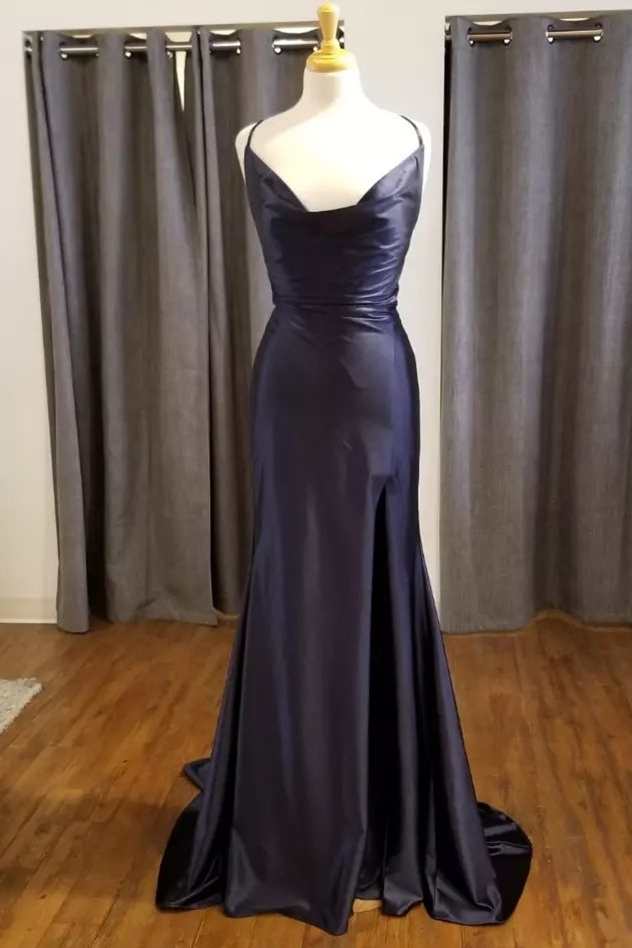 Prom Dress Silk, Black Cowl Neck Mermaid Long Prom Dress